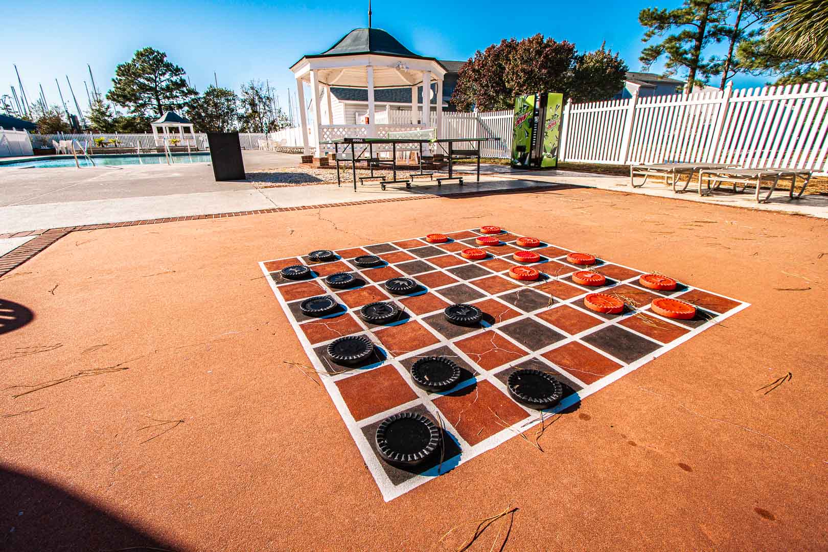 A jumbo outdoor checkers board at VRI's Waterwood Townhomes in New Bern, North Carolina.